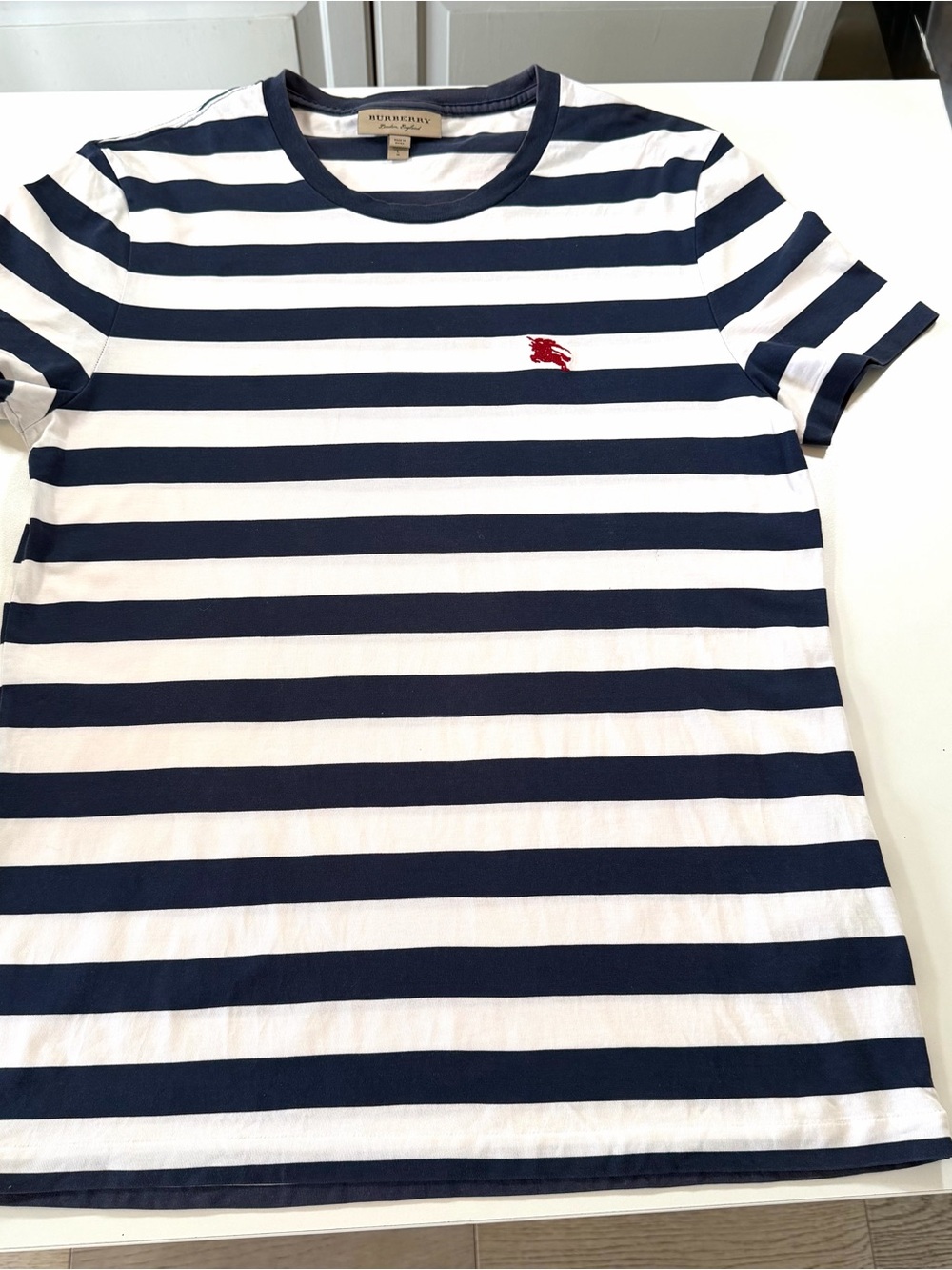 Burberry London Signature Logo Stripe Navy White Cotton T-Shirt Women’s Large - Picture 6 of 17
